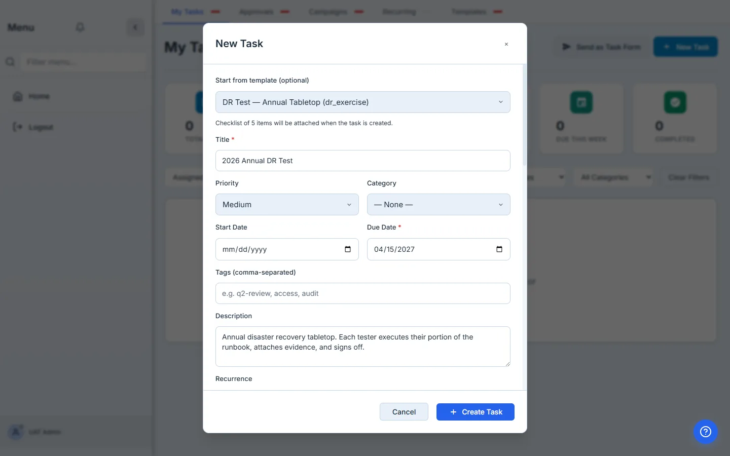 + New Task modal with title, recurrence, recipients, and template configured.