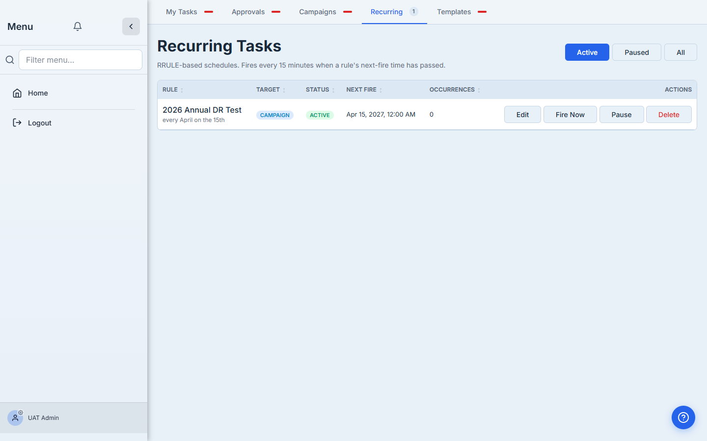 Recurring tasks list showing the new annual DR test rule.