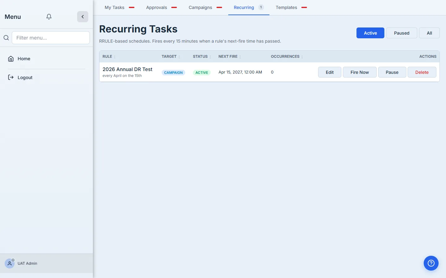 Recurring tasks list showing the new annual DR test rule.