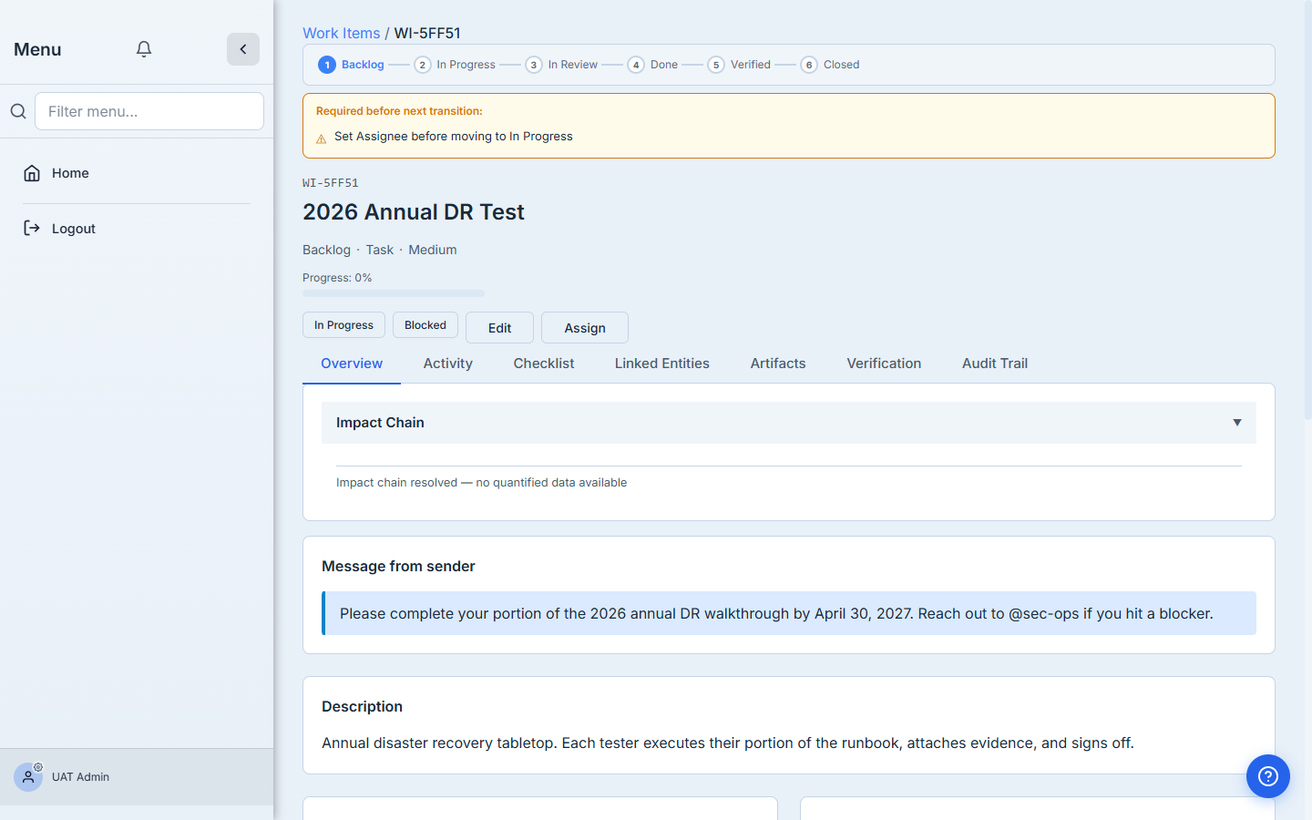 Internal user's work-item view with the DR plan and form questions.