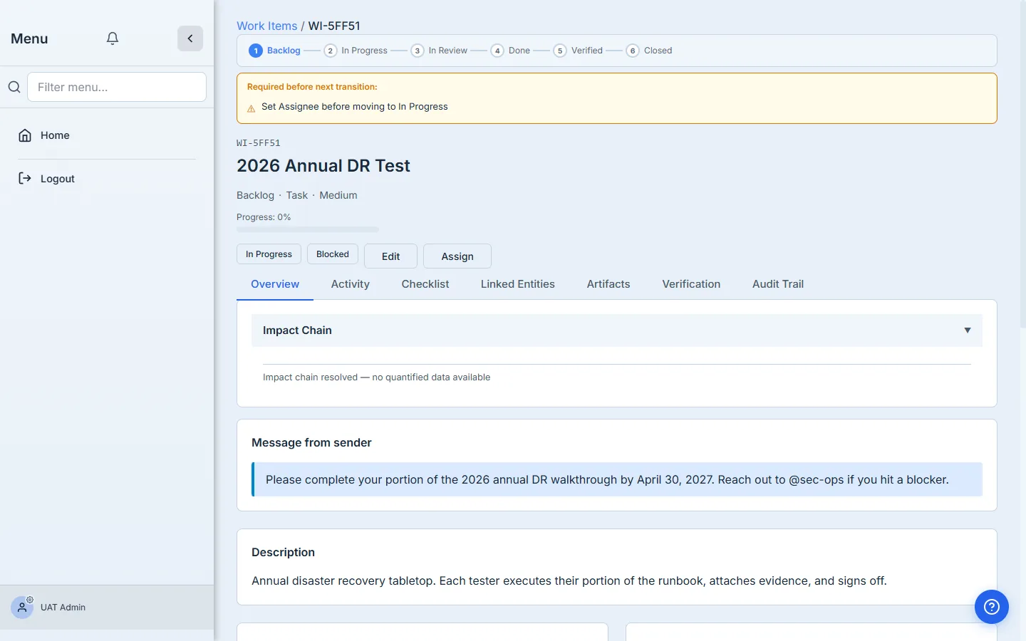 Internal user's work-item view with the DR plan and form questions.