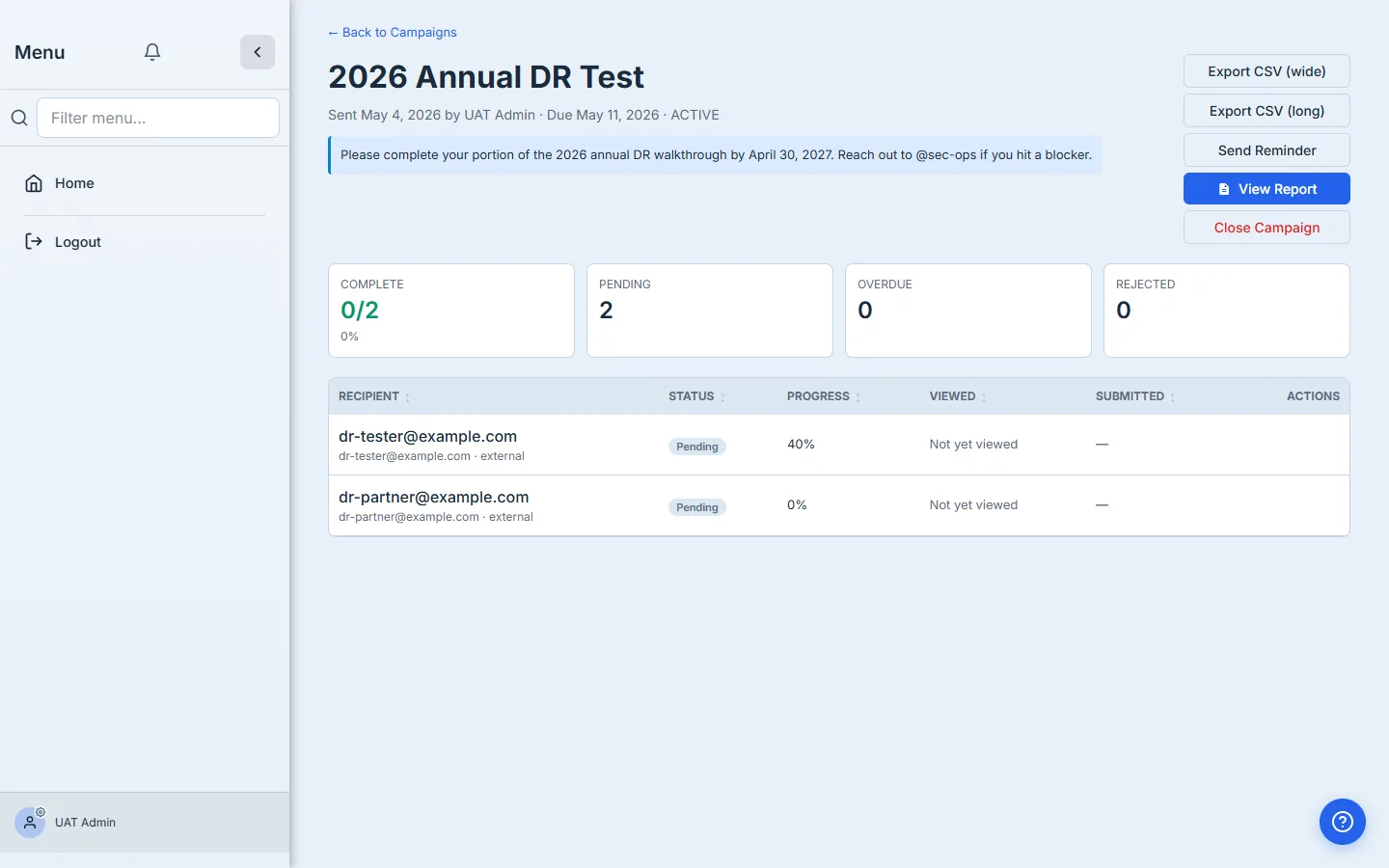 Campaign detail with View Report button after finalize.