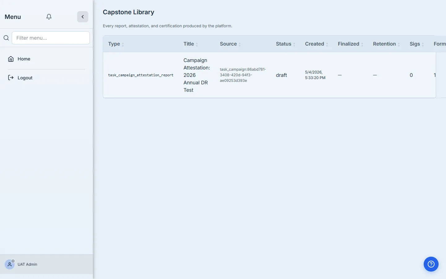 Capstone Library entry showing the new draft attestation.
