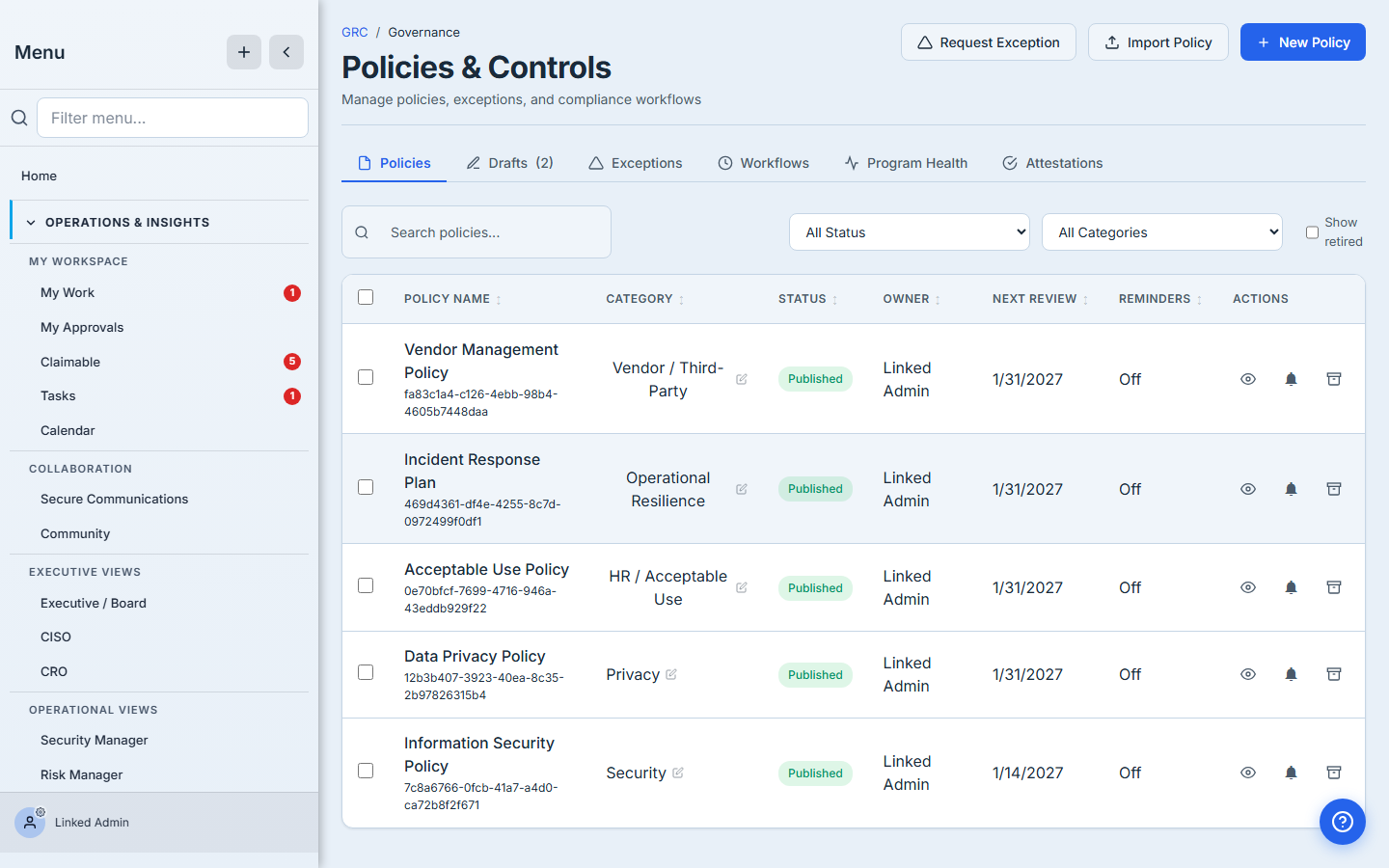 Policies & Controls page — the +Import Policy and +New Policy buttons in the header; the policies list below with five published policies (Acceptable Use, Data Privacy, Incident Response, Information Security, Vendor Management).