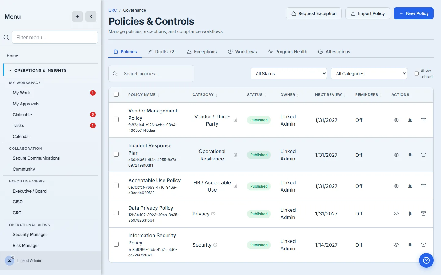 Policies & Controls page — the +Import Policy and +New Policy buttons in the header; the policies list below with five published policies (Acceptable Use, Data Privacy, Incident Response, Information Security, Vendor Management).
