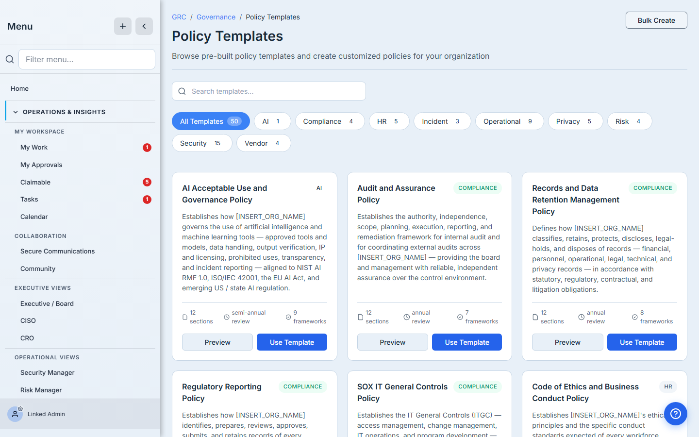 Policy Templates picker — a grid of template cards including AI Acceptable Use Policy, Audit and Assurance Policy, Records and Data Retention Policy, Regulatory Reporting Policy, SOX IT General Controls Policy, Code of Ethics and Business Conduct Policy, plus a category filter strip at the top.