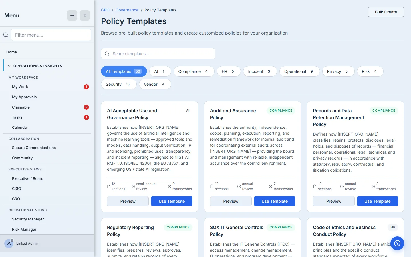 Policy Templates picker — a grid of template cards including AI Acceptable Use Policy, Audit and Assurance Policy, Records and Data Retention Policy, Regulatory Reporting Policy, SOX IT General Controls Policy, Code of Ethics and Business Conduct Policy, plus a category filter strip at the top.