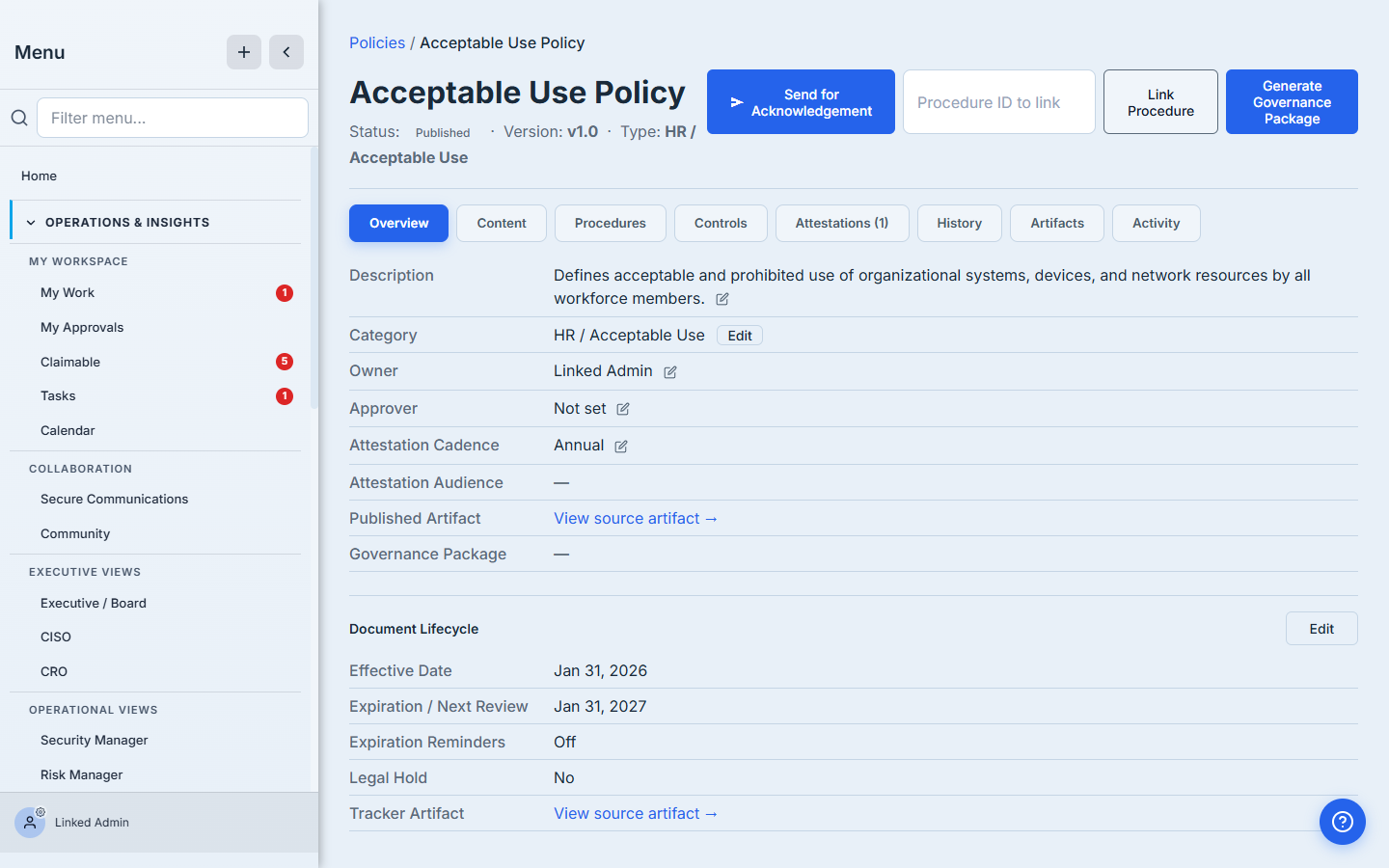 Policy detail Overview tab — Acceptable Use Policy, Status: Published, Version v1.0, Type HR / Acceptable Use. Tabs across the top: Overview, Content, Procedures, Controls, Attestations (1), History, Artifacts, Activity. The Send for Acknowledgement and Generate Governance Package buttons are at the top.