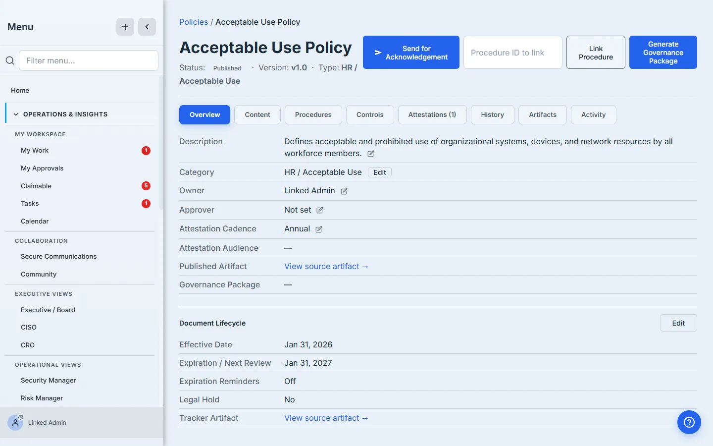 Policy detail Overview tab — Acceptable Use Policy, Status: Published, Version v1.0, Type HR / Acceptable Use. Tabs across the top: Overview, Content, Procedures, Controls, Attestations (1), History, Artifacts, Activity. The Send for Acknowledgement and Generate Governance Package buttons are at the top.
