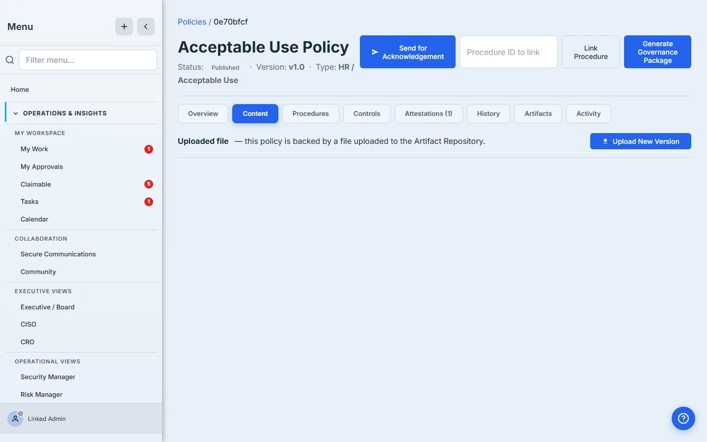 Policy detail Content tab — for an imported policy, the panel shows the current uploaded file and the "Upload New Version" call-to-action in the top right. There's no inline content editor because this policy's content is in the file, not in structured fields.