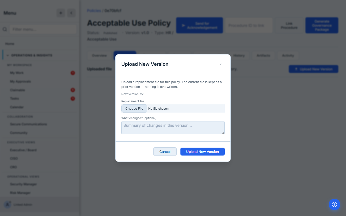 Upload New Version modal — Replacement file picker ("Choose File. No file chosen") and a "What changed? (optional)" textarea with placeholder "Summary of changes in this version…". Modal explanation: "Upload a replacement file for this policy. The current file is kept as a prior version — nothing is overwritten." Cancel + Upload New Version buttons at the footer.