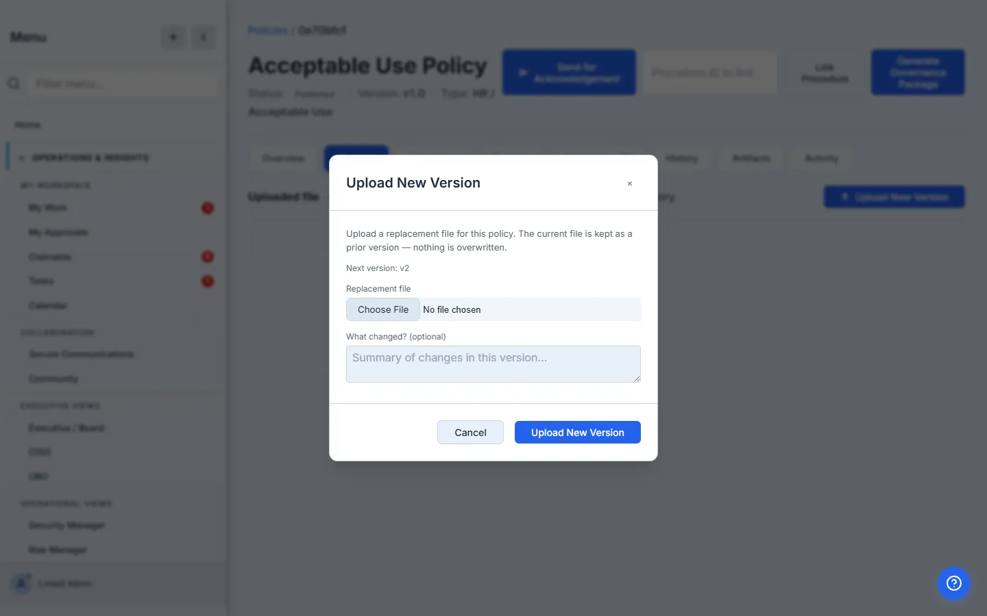 Upload New Version modal — Replacement file picker ("Choose File. No file chosen") and a "What changed? (optional)" textarea with placeholder "Summary of changes in this version…". Modal explanation: "Upload a replacement file for this policy. The current file is kept as a prior version — nothing is overwritten." Cancel + Upload New Version buttons at the footer.