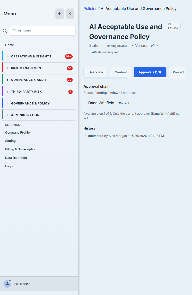The Approvals tab on a policy in review — the approval chain in submission order with the current approver highlighted, an "awaiting step 1 of N" note, and the history showing who submitted it and when.