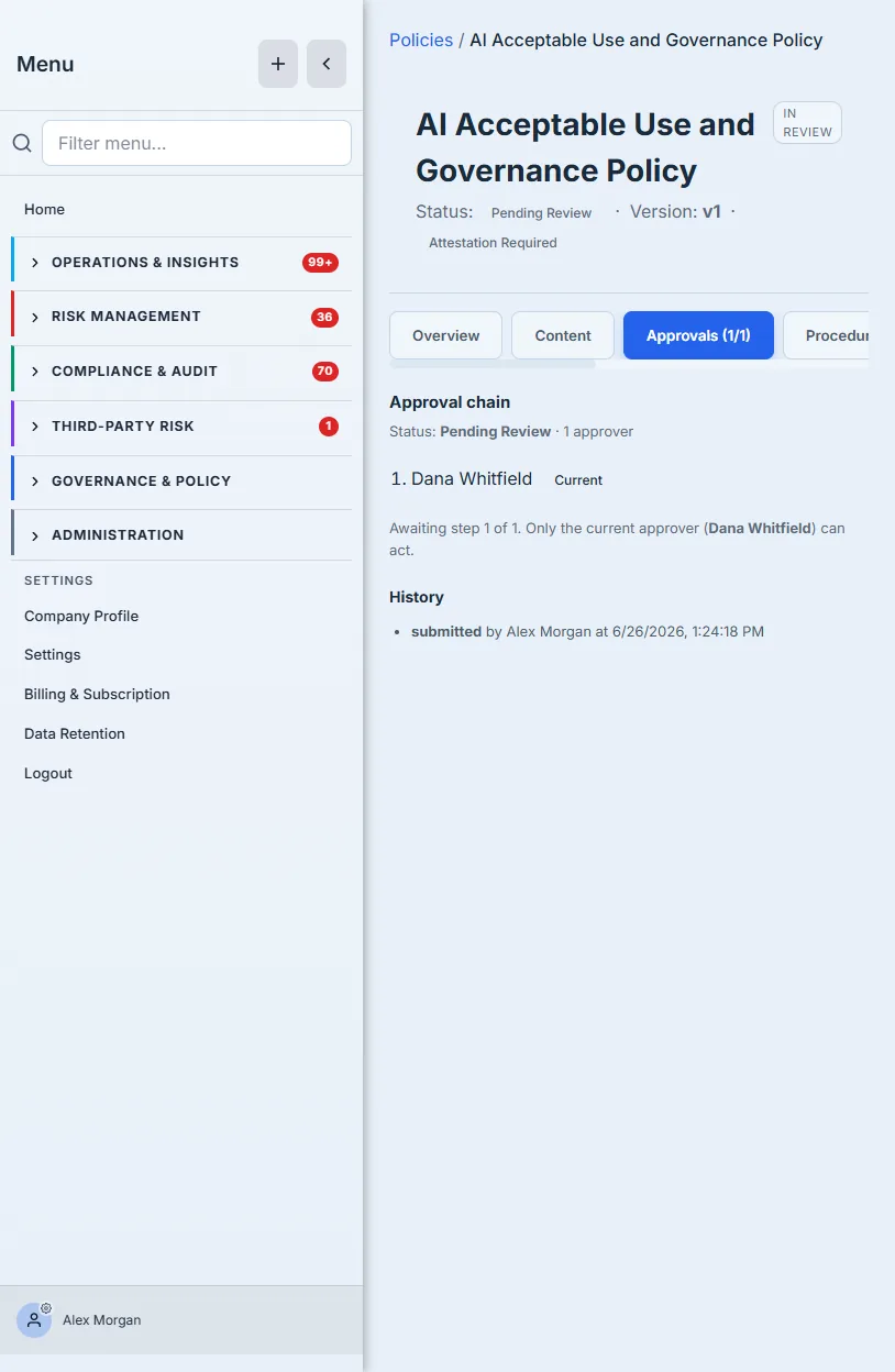 The Approvals tab on a policy in review — the approval chain in submission order with the current approver highlighted, an "awaiting step 1 of N" note, and the history showing who submitted it and when.
