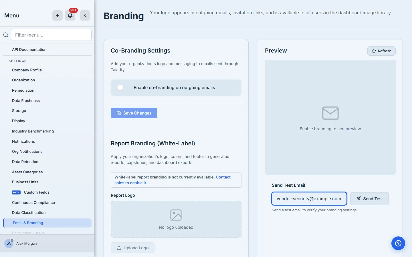 The Email & Branding page: Co-Branding Settings on the left, a live email Preview on the right, and Send Test Email below. Co-branding starts off.