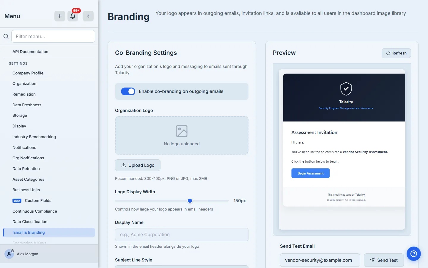 Co-branding enabled — the settings form reveals the logo uploader, display name, subject style, message, and color controls.