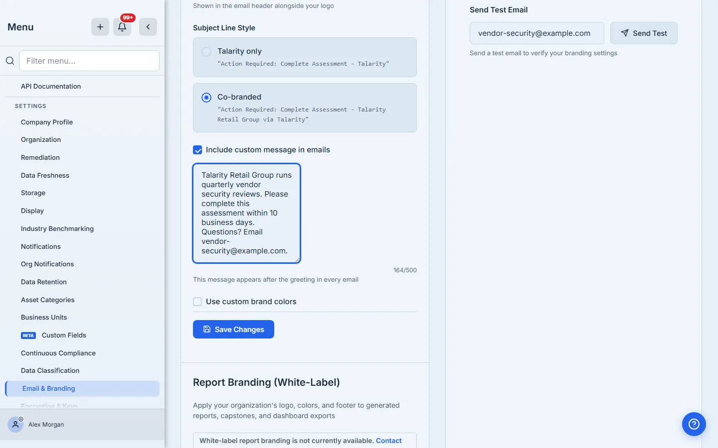 The custom-message box filled with a note about quarterly vendor security reviews and a deadline, with a 500-character counter.
