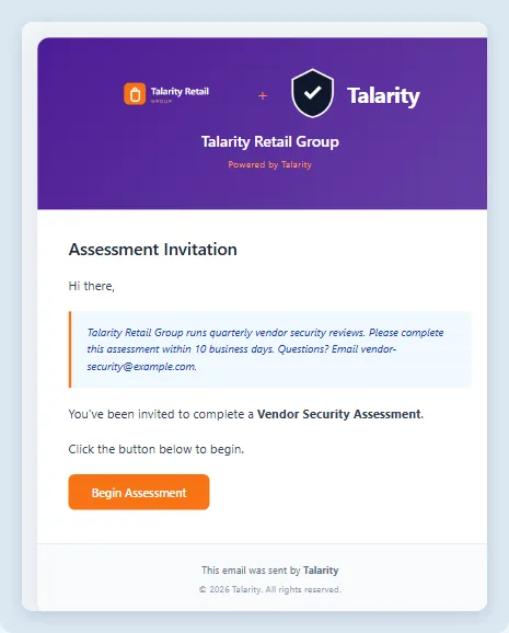 The live preview: the co-branded header with the org logo, the deep-violet background, the Talarity mark and "Powered by Talarity", then the assessment body with the custom-message call-out and an accent-colored button.