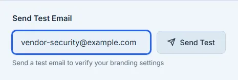 The Send Test Email box, addressed to a reserved test address and ready to send, with the configured co-branded preview alongside it.