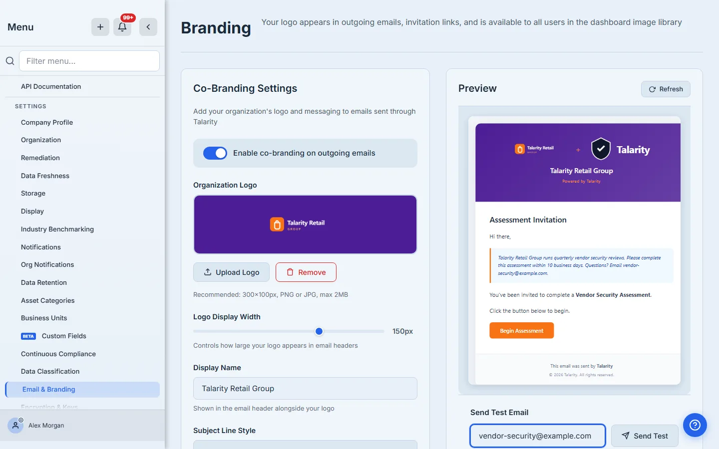 The saved, configured page: logo, display name, co-branded subject, custom message, and brand colors all in place and persisted.