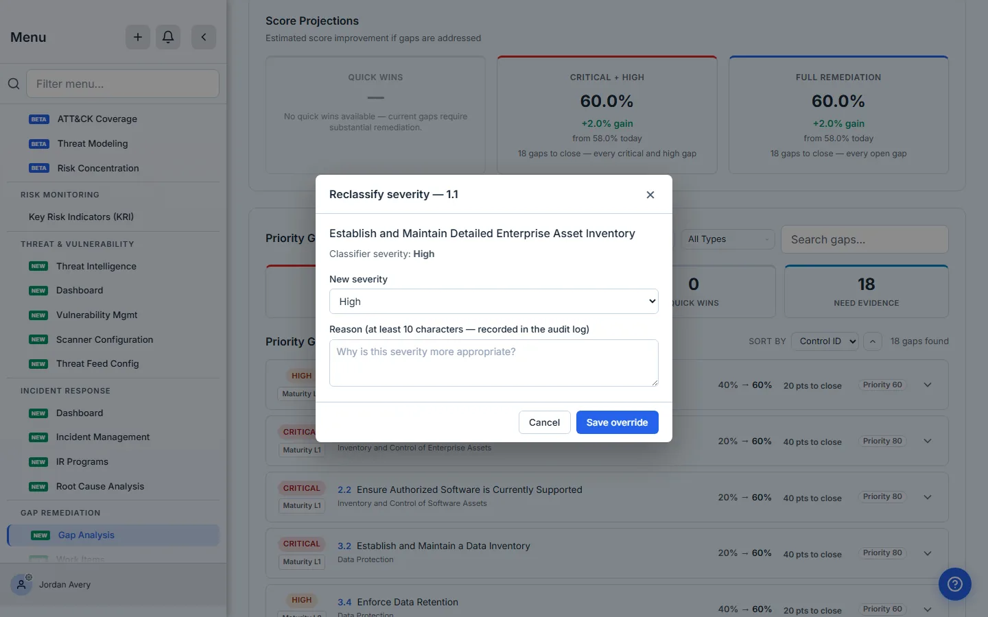 Severity reclassification — new severity plus a mandatory reason, recorded in the audit log with the original derived severity preserved.