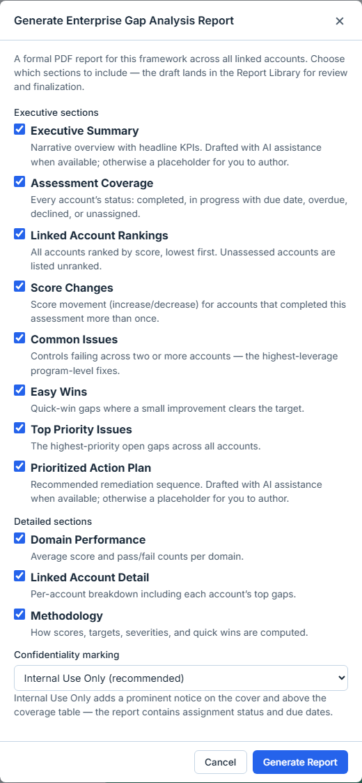 The Generate Report modal — captioned section checkboxes grouped executive vs detailed, and the confidentiality selector.