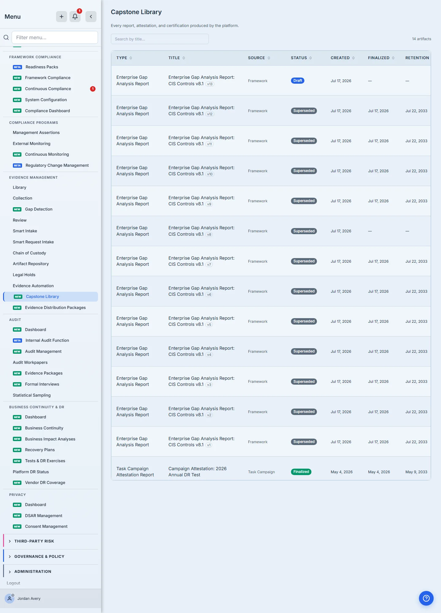 The Report Library — the new draft edition carries a version chip alongside its Superseded predecessors, with title search and the artifact count above the table.
