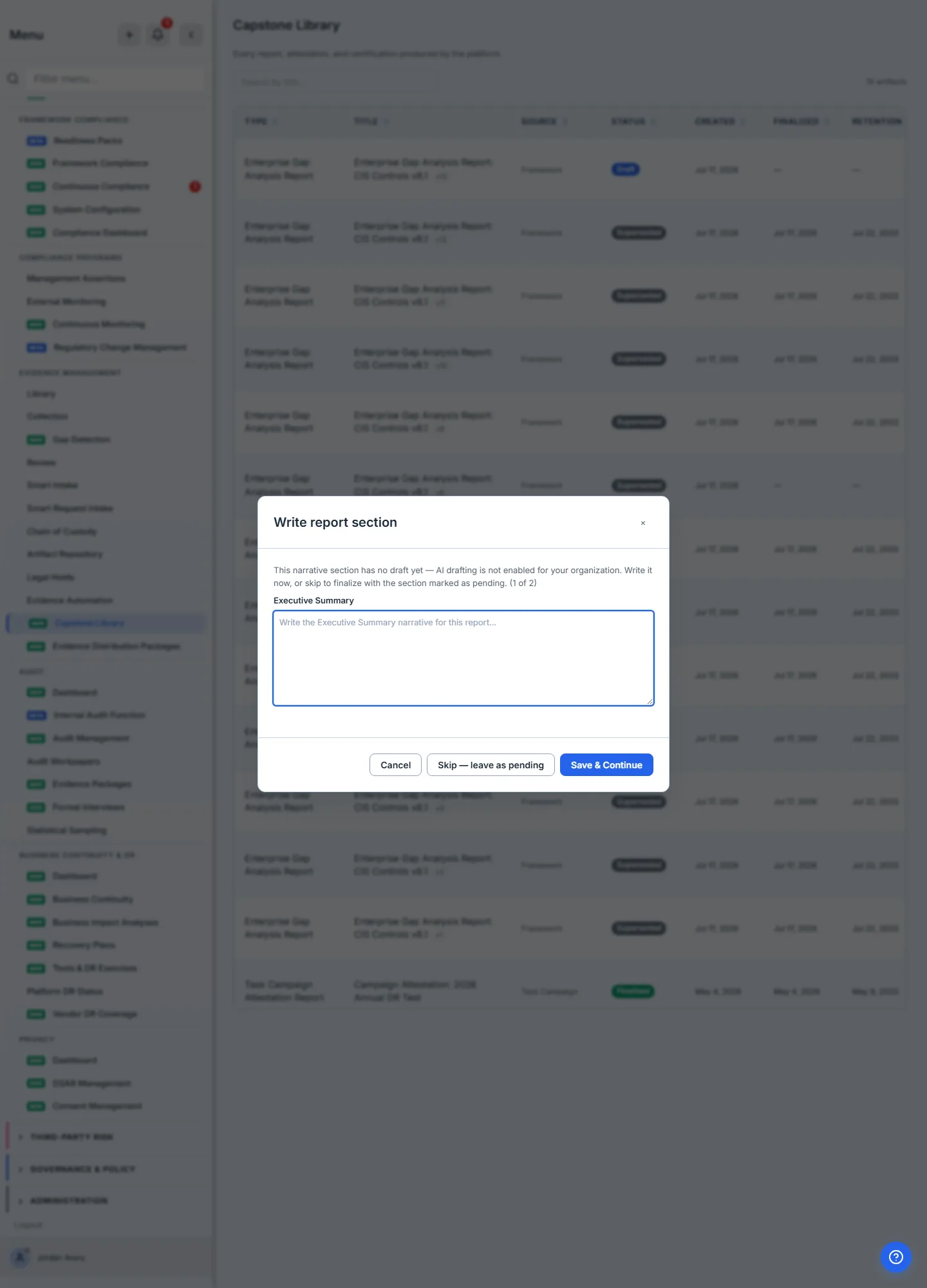 The Write report section step — authoring the Executive Summary during finalize, with Skip available for sections you want to leave pending.