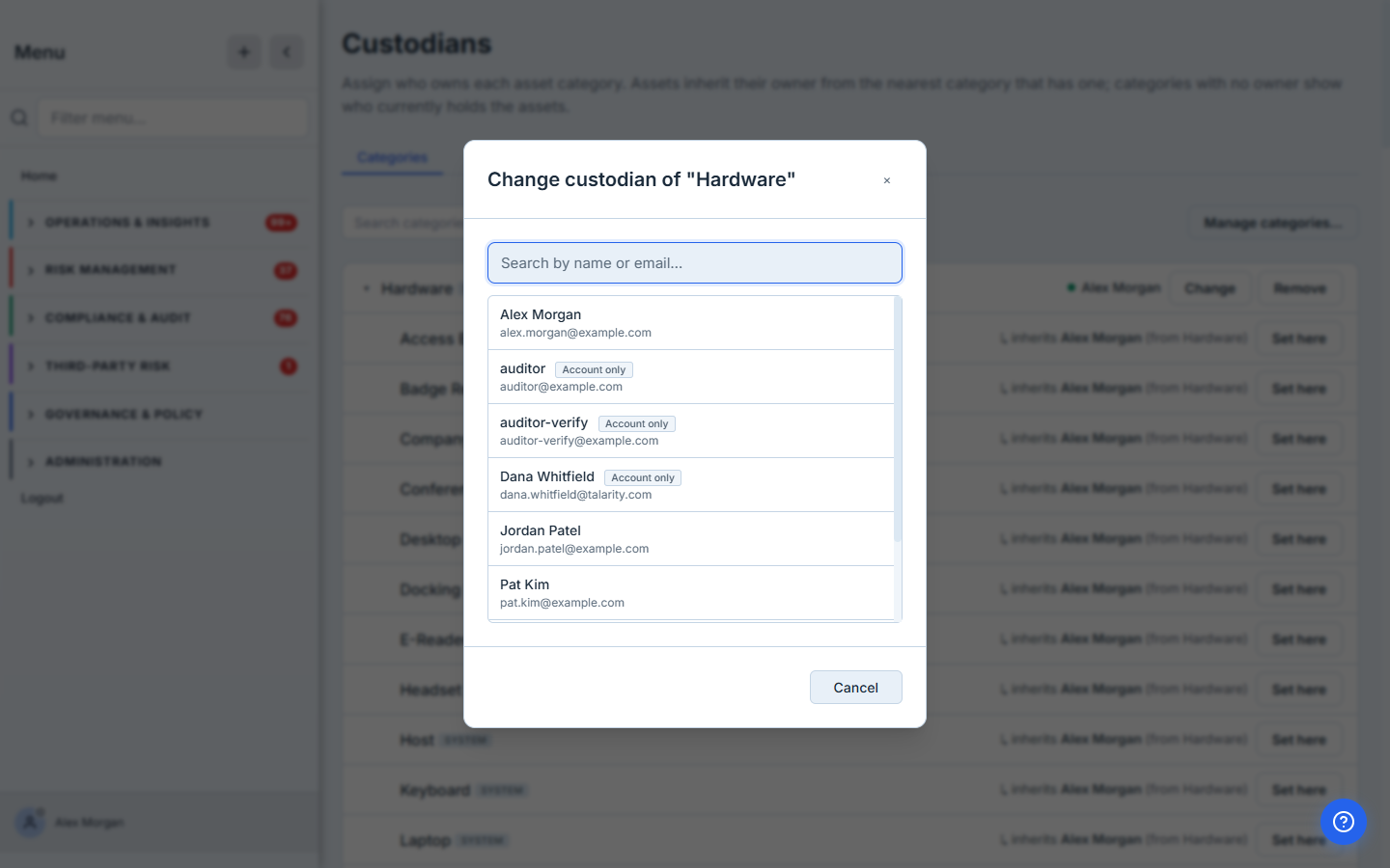 Assigning a category custodian — pick the employee who owns the equipment in that category. Any current (non-terminated) employee is selectable.