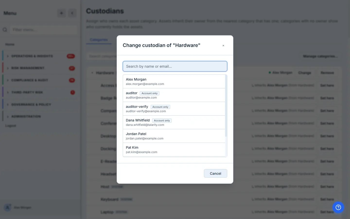 Assigning a category custodian — pick the employee who owns the equipment in that category. Any current (non-terminated) employee is selectable.