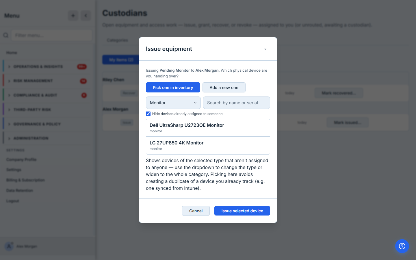 The Issue-equipment modal — pick the real unit from your unassigned inventory, or switch to "Add a new one". The assignment re-points to whatever you choose, so a device already synced from Intune is never duplicated.