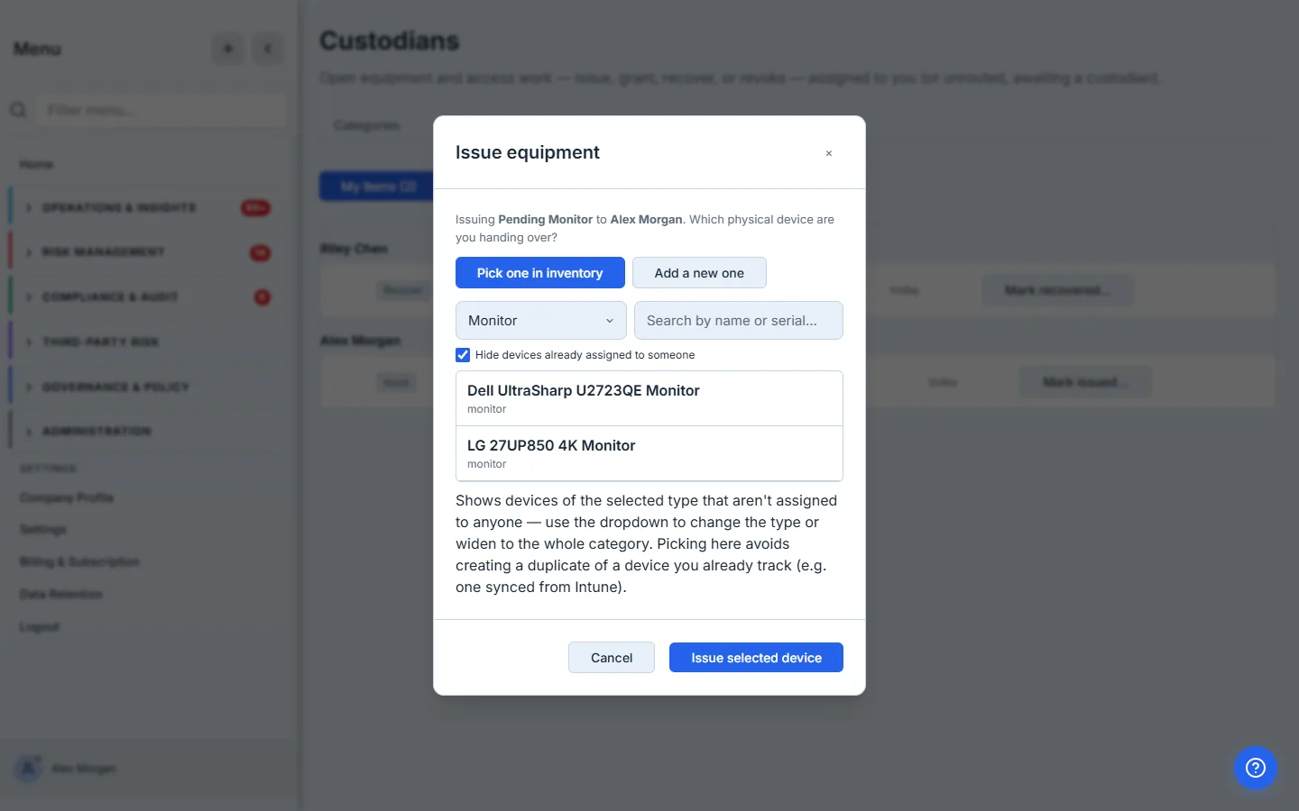 The Issue-equipment modal — pick the real unit from your unassigned inventory, or switch to "Add a new one". The assignment re-points to whatever you choose, so a device already synced from Intune is never duplicated.