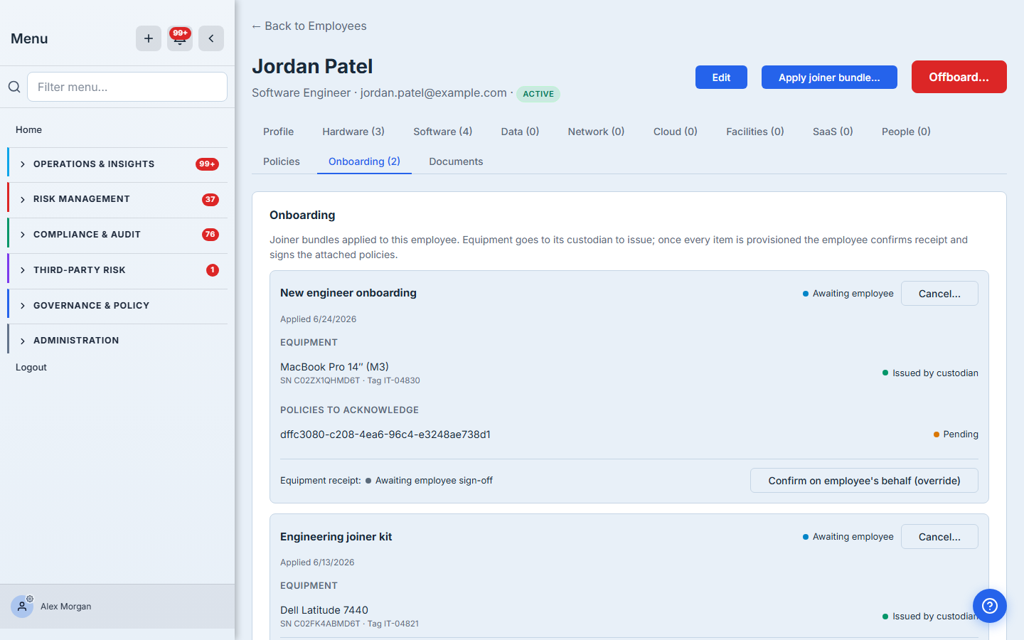 The employee's Onboarding tab once both items are issued: stage flips to "Awaiting employee", each device shows its serial and tag, and a "Confirm receipt" action appears.