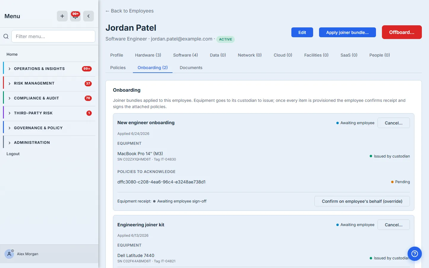 The employee's Onboarding tab once both items are issued: stage flips to "Awaiting employee", each device shows its serial and tag, and a "Confirm receipt" action appears.