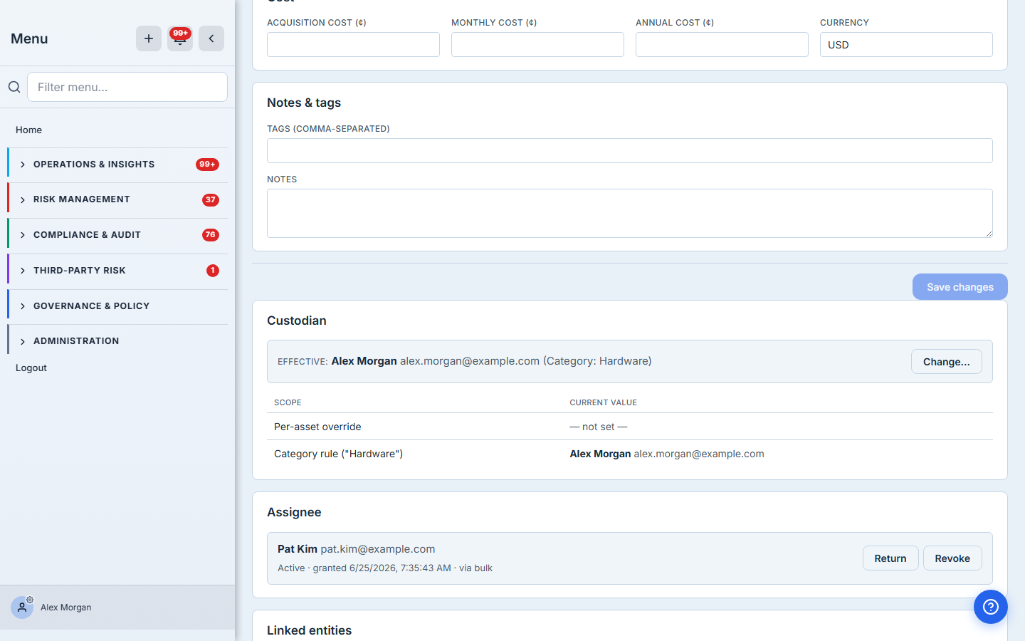 Asset detail — the Custodian block (effective owner resolved via the Hardware category rule) and the Assignee block (Riley Chen, active), with Return and Revoke.