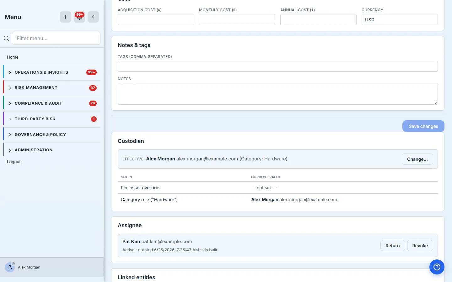 Asset detail — the Custodian block (effective owner resolved via the Hardware category rule) and the Assignee block (Riley Chen, active), with Return and Revoke.