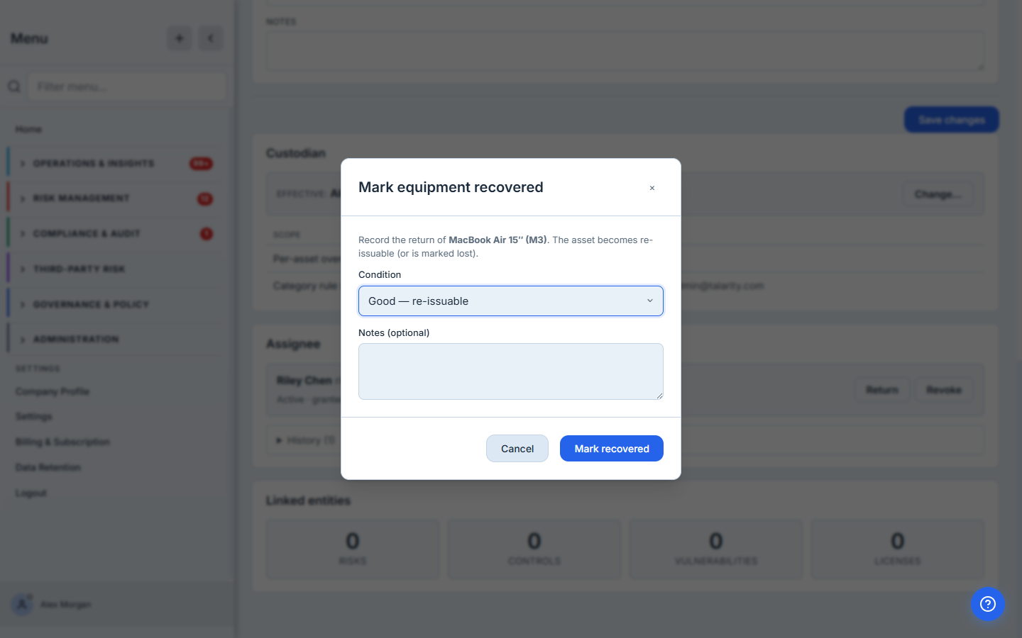 The Recover-equipment modal — a condition dropdown (Good / Damaged / Lost) and notes, captured when a device comes back.