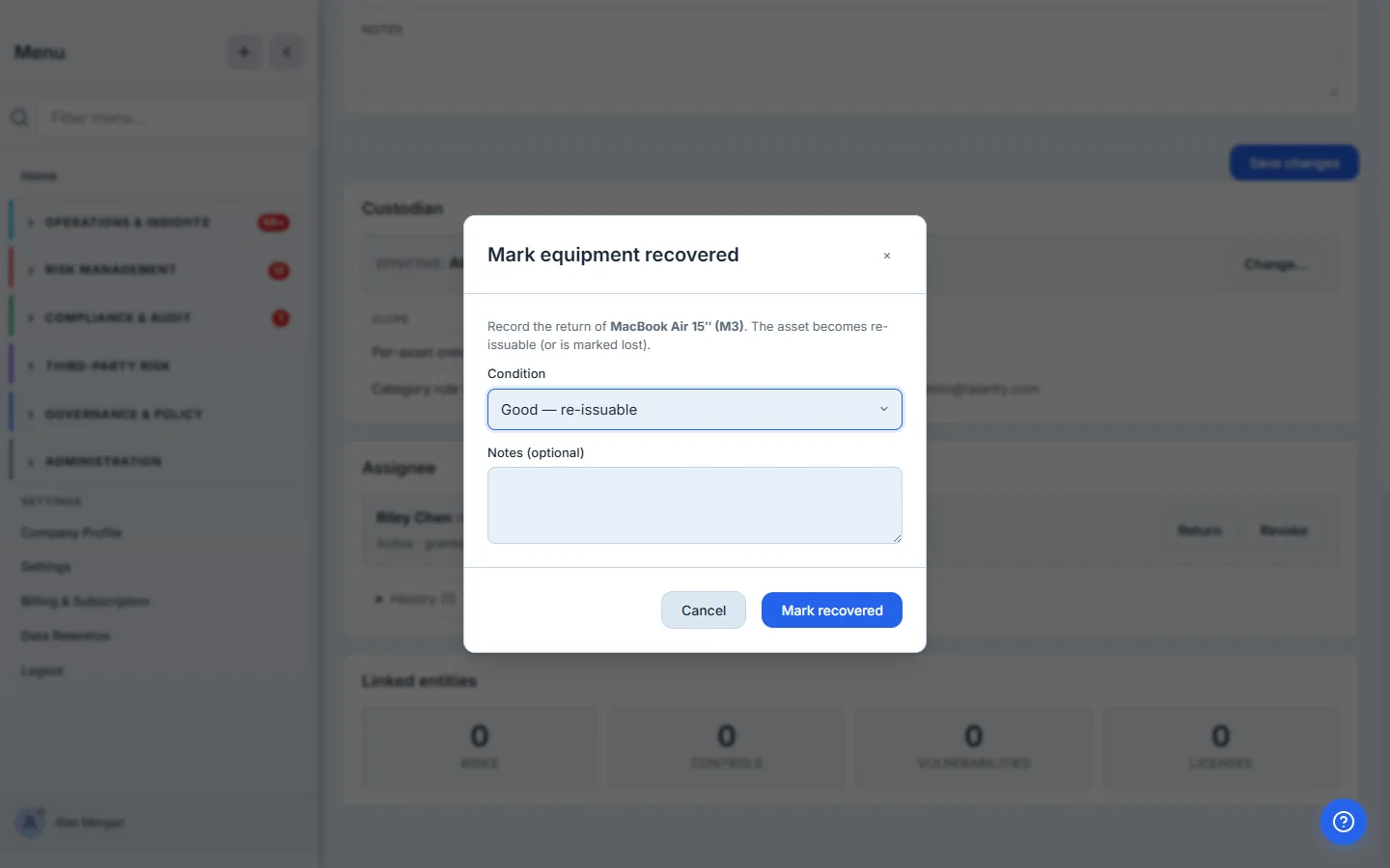 The Recover-equipment modal — a condition dropdown (Good / Damaged / Lost) and notes, captured when a device comes back.