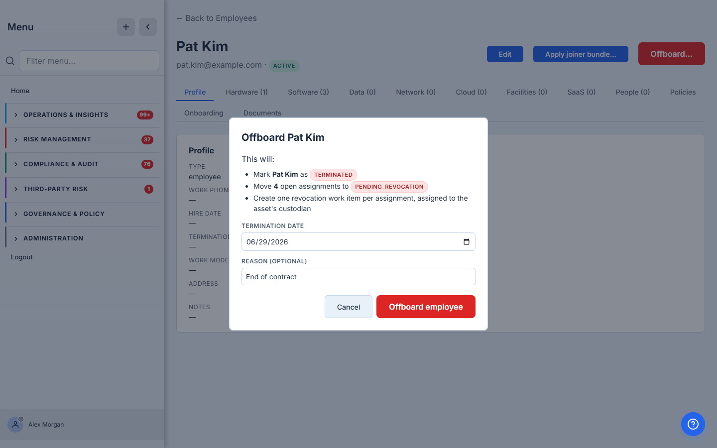 The Offboard modal — termination date, optional reason, and a plain summary of what will happen: terminate the employee, move N open assignments to pending revocation, and create a recovery work item per asset for its custodian.