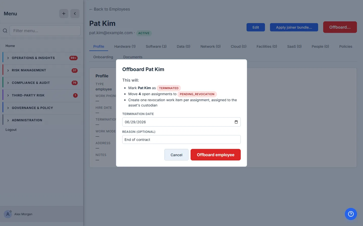 The Offboard modal — termination date, optional reason, and a plain summary of what will happen: terminate the employee, move N open assignments to pending revocation, and create a recovery work item per asset for its custodian.