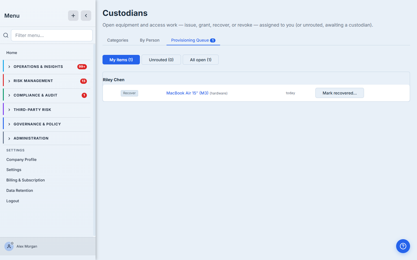 The Provisioning Queue after an offboarding — a Recover row for the leaver's laptop, routed to its custodian and ready to mark recovered. SaaS and account items land here as Revoke rows the same way.