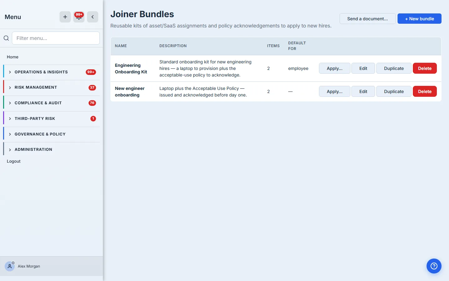 The Joiner Bundles page — the org's reusable onboarding kits (Engineering Onboarding Kit, New engineer onboarding), each with its equipment line items, attached policies, and an Apply action.