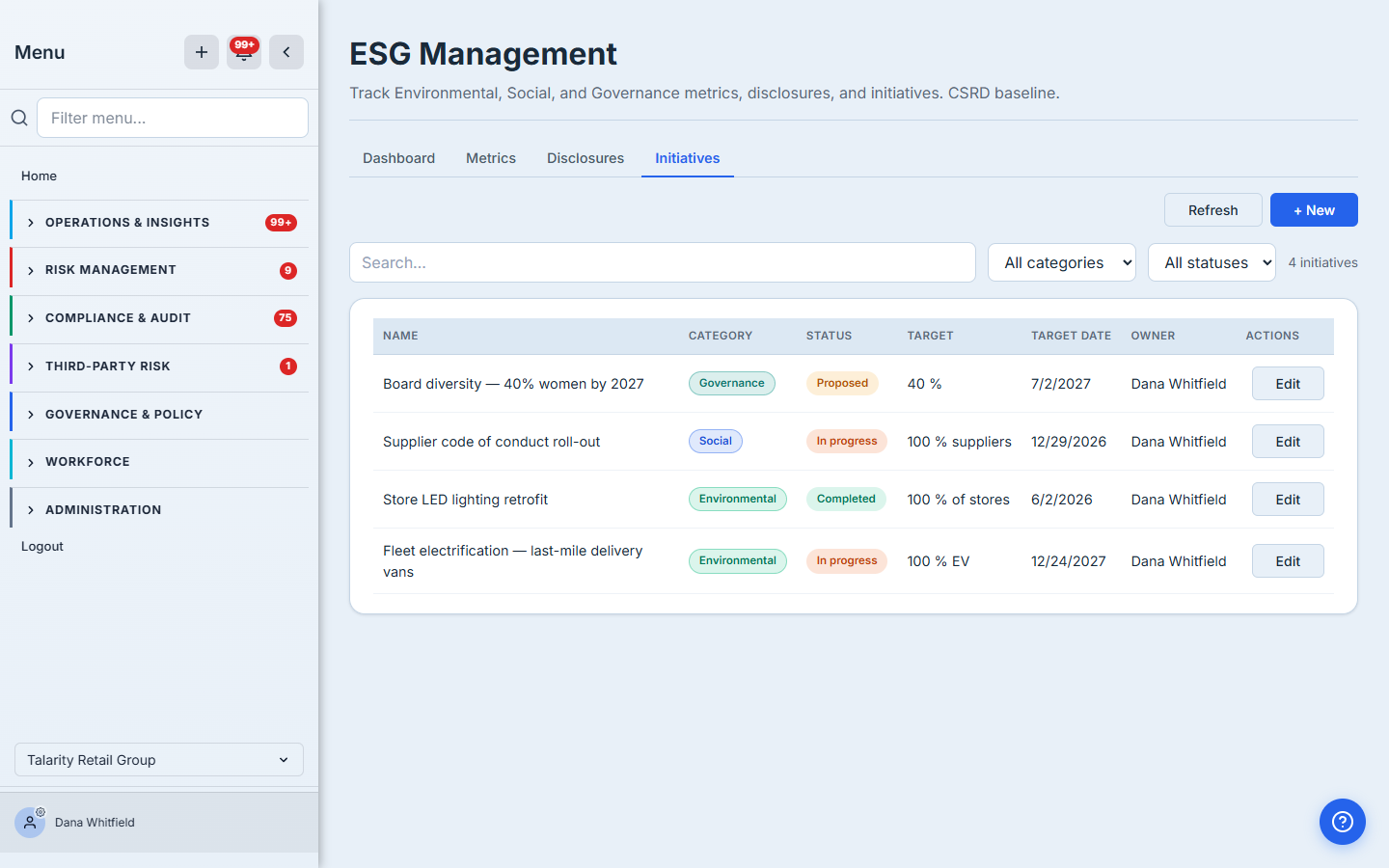 The Initiatives tab: four ESG initiatives — a board-diversity target (Proposed), a supplier code-of-conduct roll-out (In progress), a store LED lighting retrofit (Completed), and last-mile delivery-van electrification (In progress) — each with a category badge, status badge, target, target date, and owner.
