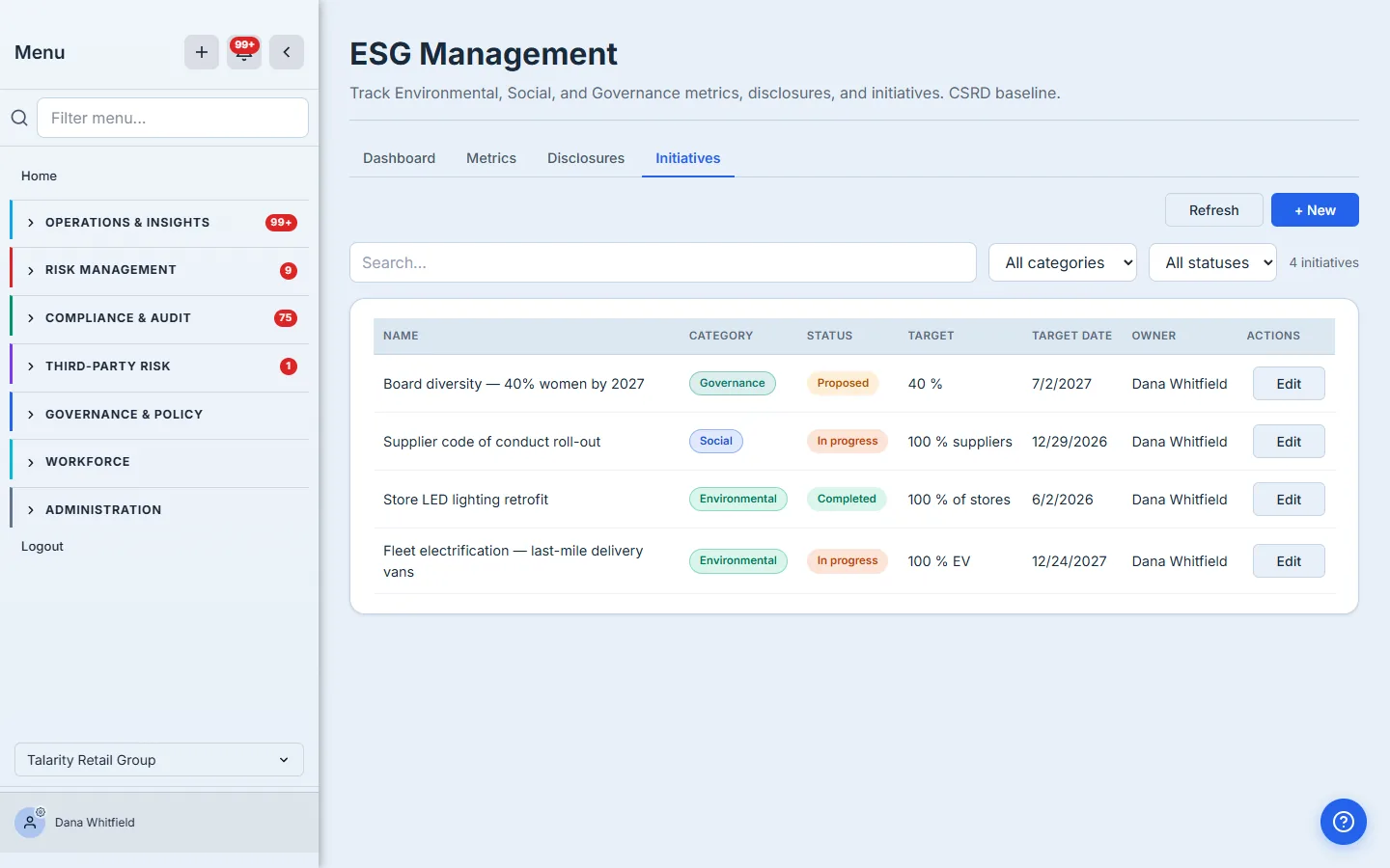 The Initiatives tab: four ESG initiatives — a board-diversity target (Proposed), a supplier code-of-conduct roll-out (In progress), a store LED lighting retrofit (Completed), and last-mile delivery-van electrification (In progress) — each with a category badge, status badge, target, target date, and owner.