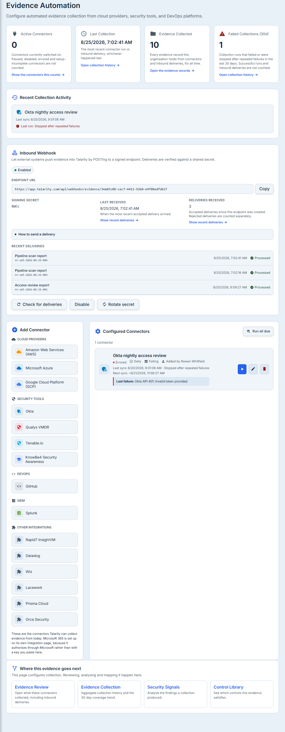 The Evidence Automation page end to end: four stat cards across the top, a Recent Collection Activity panel, the Inbound Webhook card, and below them the Add Connector picker beside the Configured Connectors list.