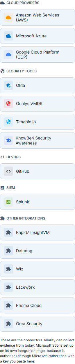 The connector picker's five category headings — Cloud Providers, Security Tools, DevOps, SIEM and Other Integrations — with the connector buttons under each, every button an icon and the connector's name.