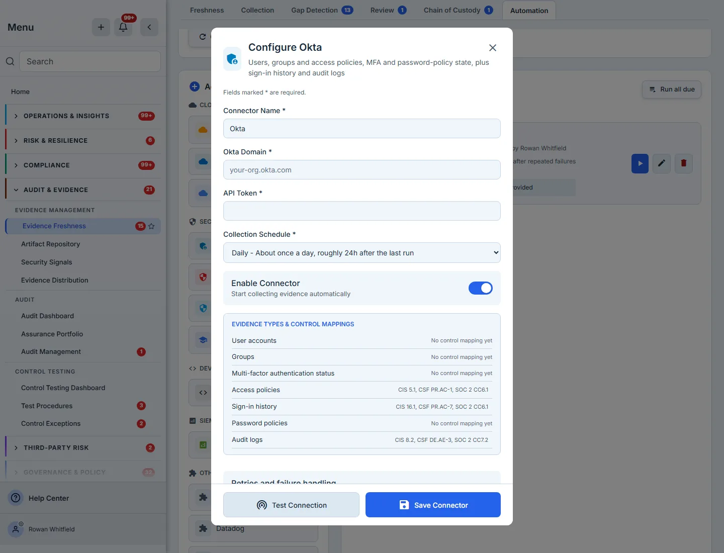 The connector configuration modal with the Connector Name field, the connector's own credential fields, the schedule selector and the enable toggle.