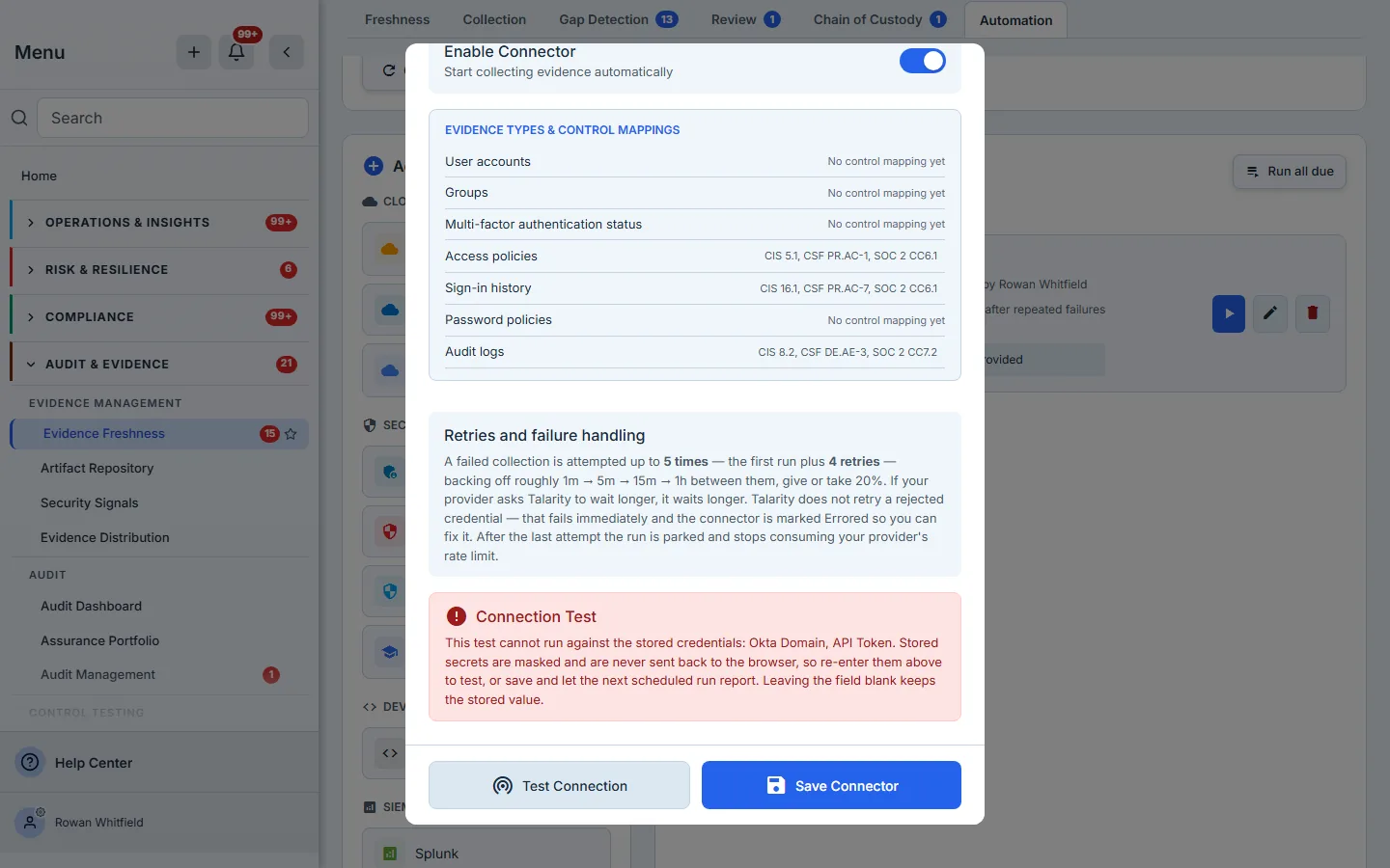 Test Connection on a saved connector, declining to run because the stored credential is never sent back to the browser, and naming the fields it cannot reach.