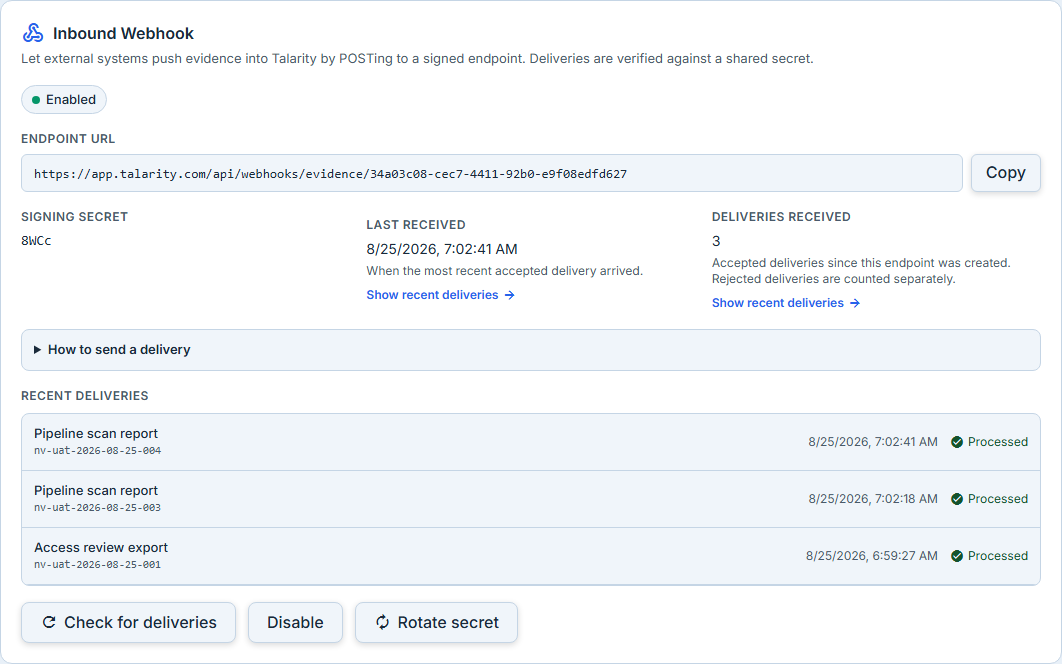 The configured Inbound Webhook card showing the Enabled status pill, the absolute endpoint URL, the signing-secret hint, last received time and delivery count.