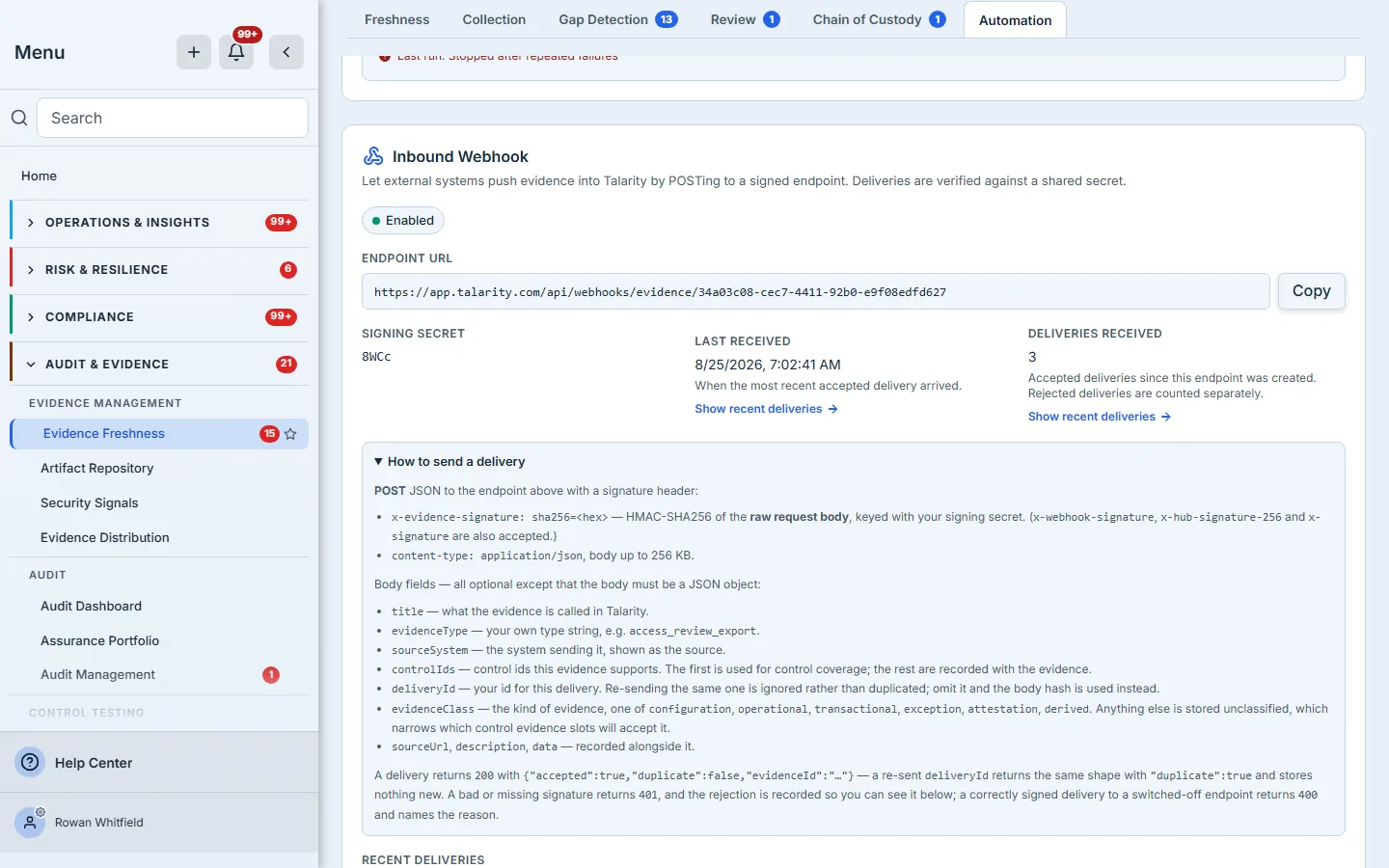 The "How to send a delivery" section expanded, documenting the signature header, the HMAC-SHA256-over-raw-body rule, the accepted body fields and the response codes.